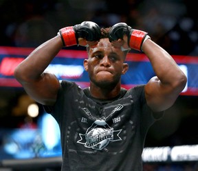 Hakeem Dawodu celebrates his win over Austin Arnett during UFC Fight Night at the Saddledome in Calgary on Saturday, July 28, 2018 in a preliminary match. (Jim Wells/Postmedia Network)