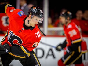 Calgary Flames Brett Kulak during NHL hockey at the Scotiabank Saddledome in Calgary on Friday, March 16, 2018. Al Charest/Postmedia