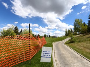 The tee box is on the tentth hole at the Hamptons Golf Club in Calgary on Saturday May 20, 2017. After a judge sided with a homeowner who complained that too many golf balls land in her backyard, the tenth hole at Hamptons Golf Club had to be shortened from a Par-5 to a Par-4. An appeal will be heard in September. Jim Wells/Postmedia
