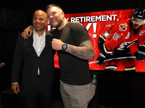 NHL great Jarome Iginla with Brian McGrattan as he retired a Calgary Flame at the Scotiabank Saddledome in Calgary on Monday July 30, 2018. Darren Makowichuk/Postmedia