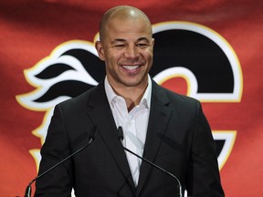 Former Calgary Flames captain Jarome Iginla announces his retirement from the NHL, after playing 20 seasons, at a news conference in Calgary on Monday, July 30, 2018. THE CANADIAN PRESS/Jeff McIntosh ORG XMIT: JMC103