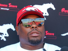 Former Calgary Stampeders receiver Nik Lewis  speaks to media in Calgary on Friday, July 20, 2018. The receiver signed a one day contract and will retire as a Calgary Stampeder. Jim Wells/Postmedia
