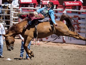 Caleb Bennett, from Tremonton, Utah, rides Alberta Widlcat during bareback rodeo action at the Calgary Stampede in Calgary, Alta., Sunday, July 8, 2018. THE CANADIAN PRESS/Jeff McIntosh ORG XMIT: JMC106