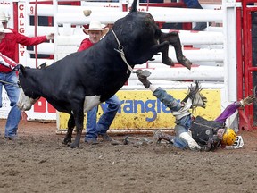 Jesse Ozirney from Grenfell, Saskatchewan is bucked off during junior steer riding at the Calgary Stampede in Calgary, on Tuesday July 10, 2018. Leah Hennel/Postmedia