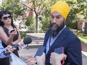 NDP leader Jagmeet Singh speaks to the media about the internal investigation that exonerated MP Christine Moore of any wrongdoing Thursday, July 19, 2018 in Montreal. (The Canadian Press/Ryan Remiorz)