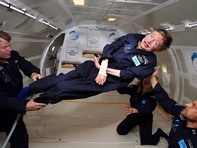 The late Stephen Hawking, who experienced weightlessness in a ZERO-G specially-equipped plane in August 2007, was among about 15 celebrities who have already enjoyed the atmospheric adventure. (The Canadian Press/HO/Steve Boxall, Zero Gravity Corporation)