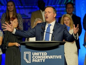 United Conservative Party Leader Jason Kenney delivers a speech at the party's unity anniversary rally held at the Shaw Conference Centre in Edmonton on Sunday, July 22, 2018.
