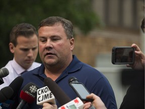 Scott Thomas, whose son Evan died in the April 6 Humboldt Broncos crash, speaks with reporters outside the Saskatoon Court of Queen's Bench.