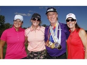 PGA golfer Miguel Ángel Jiménez is surrounded by Olympic glory at the 2018 RBC Pro-Am during the Shaw Charity Classic at Canyon Meadows Golf Club, Olympic medalists Cassie Campbell-Pascall (hockey), Kerrin Lee-Gartner, (alpine skiing) Cheryl Bernard, (curling), on Thursday, August 30, 2018. Al Charest/Postmedia