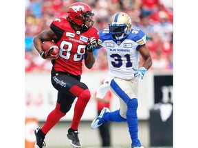 Calgary Stampeders Kamar Jorden runs after a catch against the Winnipeg Blue Bombers during CFL football in Calgary on Saturday, August 25, 2018. Al Charest/Postmedia