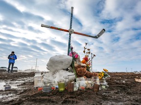 Memorial for the Humboldt Broncos at the the scene of the horrific bus crash that killed 16 and injured 13 others near Tisdale, Sask., on April 6, 2018.