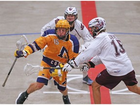 The Calgary Mountaineers' Liam Diebel, right and the Coquitlam Adanacs' Tyson Kirkness battle during Minto Cup lacrosse action at the Max Bell Arena in Calgary on Thursday August 16, 2018.  Gavin Young/Postmedia