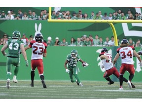 Saskatchewan Roughriders wide receiver Christion Jones comes up the middle during first half CFL action at Mosaic Stadium in Regina on Friday, July 28, 2018.
