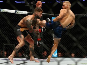 T.J. Dillashaw fights Cody Garbrandt in their UFC bantamweight championship bout during UFC 217 at Madison Square Garden on November 4, 2017 in New York. (Mike Stobe/Getty Images)