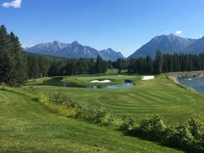 The signature fourth hole on the Mount Kidd Course at Kananaskis Country GC.