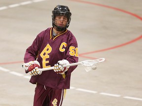 Brampton Excelsiors star player Jeff Teat warms up at the Max Bell Arenas while waiting to see the outcome of a dispute at the Minto Cup on Wednesday, Aug. 22, 2018.