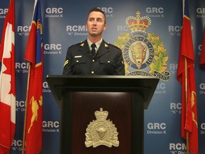 RCMP Cpl. Curtis Peters speaks to media about the Aug. 2 shooting of a German tourist on Hwy 1A near Morley. RCMP held a press conference on Aug. 16, 2018, asking for public assistance in the case.