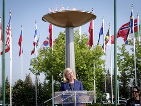 Mary Moran speaks during a press conference after being named the new Calgary 2026 Olympic bid committee CEO in Calgary, Alta., Tuesday, July 31, 2018. THE CANADIAN PRESS/Jeff McIntosh ORG XMIT: JMC101