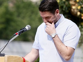 Councillor of Ward 8, Evan Woolley gets emotional speaking of his brother he lost as hundreds came out for International Overdose Awareness Day Invitation at City Hall as Calgary continues to lose hundreds of citizens each year to drug poisoning on Friday August 31, 2018. Darren Makowichuk/Postmedia