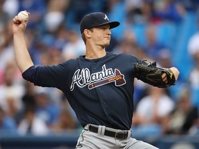 Mike Soroka of the Atlanta Braves delivers a pitch in the first inning during MLB game action against the Toronto Blue Jays at Rogers Centre on June 19, 2018 in Toronto.