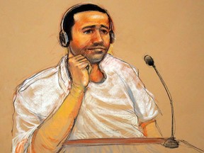 This Nov. 9, 2011, file artist rendering by courtroom artist Janet Hamlin, reviewed by the U.S. military, shows Abd al Rahim al-Nashiri during his military commissions arraignment at the Guantanamo Bay detention centre in Guantanamo, Cuba.