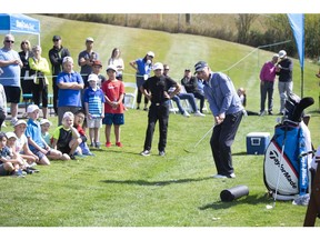 PGA Golfer Larry Mize during the MEG Energy Junior Clinic at the Shaw Charity Classic in Calgary, Alberta, August 28, 2018. Photograph by Todd Korol/Shaw Charity Classic