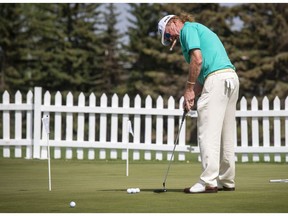 Miguel Angel Jimenez on the practice putting green before the start of the Shaw Charity Classic in Calgary, Alberta, August 28, 2018. Photograph by Todd Korol/Shaw Charity Classic