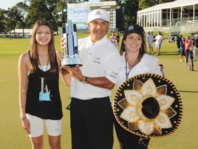 Golfer Esteban Toledo celebrates his first Champions Tour victory in May with his wife, Colleen (right), and daughter Eden back in 2013.