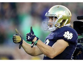 SOUTH BEND, IN - SEPTEMBER 01:  Chris Finke #10 of the Notre Dame Fighting Irish celebrates his first quarter touchdown against the Michigan Wolverines at Notre Dame Stadium on September 1, 2018 in South Bend, Indiana.