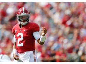 TUSCALOOSA, AL - SEPTEMBER 08:  Jalen Hurts #2 of the Alabama Crimson Tide runs the offense against the Arkansas State Red Wolves at Bryant-Denny Stadium on September 8, 2018 in Tuscaloosa, Alabama.