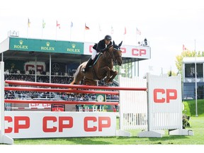 CALGARY, AB - SEPTEMBER 9: Sameh El Dahan of Egypt riding Suma's Zorro winds in the individual jumping equestrian on the final day of the Masters tournament at Spruce Meadows on September 9, 2018 in Calgary, Alberta, Canada. Sameh placed first with a jump-off time of 42.210 seconds and 0 faults.