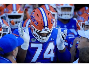 GAINESVILLE, FL - SEPTEMBER 01:  Fred Johnson #74 of the Florida Gators prepares to enter the stadium prior to  the game against the Charleston Southern Buccaneers at Ben Hill Griffin Stadium on September 1, 2018 in Gainesville, Florida.