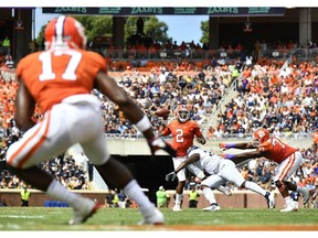 CLEMSON, SC - SEPTEMBER 15: Quarterback Kelly Bryant #2 of the Clemson Tigers drops back to pass against the Georgia Southern Eagles during the football game at Clemson Memorial Stadium on September 15, 2018 in Clemson, South Carolina.