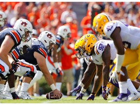 AUBURN, AL - SEPTEMBER 15:  The Auburn Tigers offense lines up against the LSU Tigers defense at Jordan-Hare Stadium on September 15, 2018 in Auburn, Alabama.