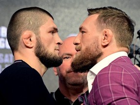 Lightweight champion Khabib Nurmagomedov faces-off with Conor McGregor during the UFC 229 Press Conference at Radio City Music Hall on September 20, 2018 in New York City.