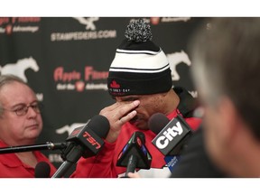 Calgary Stampeders Marquay McDaniel is overcome with emotion as he speaks with media during their season end press conference at McMahon Stadium in Calgary, on Tuesday November 28, 2017. Leah Hennel/Postmedia