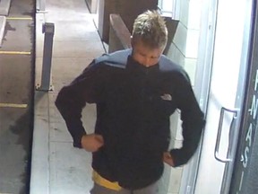CCTV image of a man believed to be responsible for three indecent acts that occurred over the past three months in the community of West Springs. The Calgary Police Service is seeking public assistance to identify him. Supplied photo.