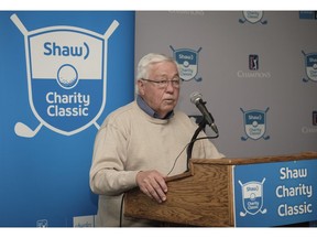 Clay Riddell announces Canadians made a major mark on the fifth anniversary of Calgary's Shaw Charity Classic by chipping in to raise a record $8,391,413 for 159 youth-based charities across Alberta, in Calgary, Alta., Tuesday, Nov. 14, 2017. PHOTO/Jeff McIntosh ORG XMIT: ShawCharity03