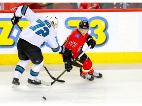 Calgary Flames Matthew Phillips battles for the puck against Tim Heed of the San Jose Sharks during NHL pre-season hockey at the Scotiabank Saddledome in Calgary on Tuesday, September 25, 2018. Al Charest/Postmedia
