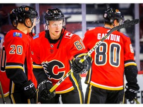 Calgary Flames Brett Kulak during the pre-game skate before facing the San Jose Sharks in NHL pre-season hockey at the Scotiabank Saddledome in Calgary on Tuesday, September 25, 2018. Al Charest/Postmedia