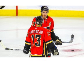 Calgary Flames stars Johnny Gaudreau and Sean Monahan during NHL pre-season hockey at the Scotiabank Saddledome in Calgary on Tuesday, September 25, 2018. Al Charest/Postmedia