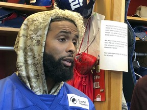 New York Giants wide receiver Odell Beckham Jr. speaks with reporters in the team's locker room, Thursday, Sept. 20, 2018, in East Rutherford, N.J. (AP Photo/Tom Canavan)