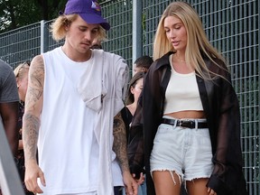 Justin Bieber and Hailey Baldwin attend the John Elliott front row during New York Fashion Week: The Shows on September 6, 2018 in New York. (Nicholas Hunt/Getty Images for NYFW: The Shows)
