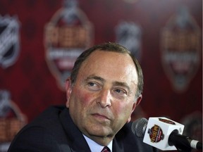 NHL Commissioner Gary Bettman attends a press conference before an NHL China Games hockey game between the Boston Bruins and the Calgary Flames in Shenzhen in southern China's Guangdong province, Saturday, Sept. 15, 2018.