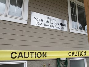 Damage to the Scouts and Lions Hall at 8551 Bowness Rd NW in Calgary is shown on Saturday, September 8, 2018. One man was sent to hospital following a single vehicle accident early on Saturday morning. Jim Wells/Postmedia