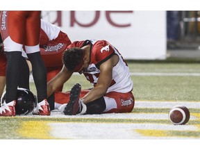 Calgary Stampeders Juwan Brescacin (82) reacts to missing the catch in the end zone against the Edmonton Eskimos during first half CFL action in Edmonton, Alta., on Saturday September 8, 2018.