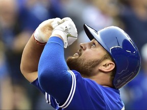 Toronto Blue Jays' Rowdy Tellez celebrates his first MLB home run during fifth inning American League baseball action against the Cleveland Indians in Toronto, Saturday, Sept. 8, 2018. THE CANADIAN PRESS/Frank Gunn