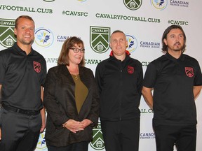 Cavalry FC head coach and GM Tommy Wheeldon Jr, (far R) poses with Jordan Santiago (L), the newly named goalkeeper coach, Linda Southern-Heathcott, President & Chief Executive Officer of Spruce Meadows, and Martin Nash (L), the newly named assistant coach and technical director, during a press conference at Spruce Meadows in Calgary on  Tuesday, September 18, 2018. Calgary FC will begin play in the newly formed CPL in the spring in Calgary. Jim Wells/Postmedia