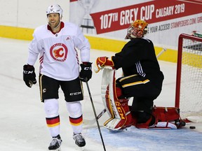 Dalton Prout plays during a Calgary Flames practise in Calgary on Monday September 10, 2018. Gavin Young/Postmedia