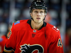 Calgary Flames Justin Falk during the pre-game skate before facing the Edmonton Oilers in NHL pre-season hockey at the Scotiabank Saddledome in Calgary on Monday, September 17, 2018. Al Charest/Postmedia